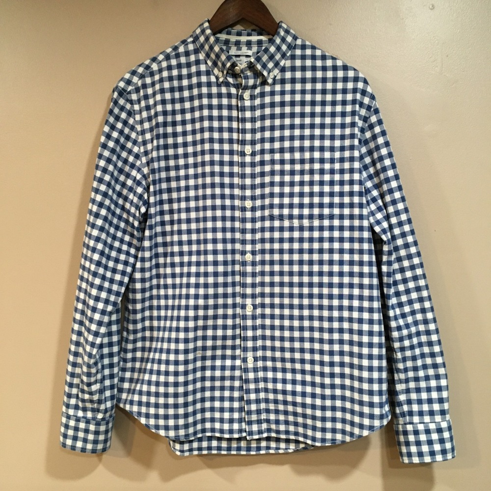 Old Navy Slim Fit Oxford Button Up Shirt Mens M Blue Gingham Stretch Preppy Work